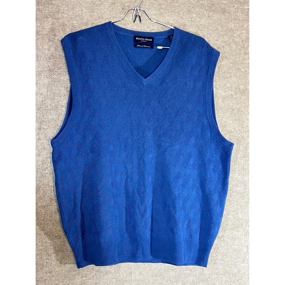 Austin Reed Sweater Vest Mens L Blue Silk Cashmere V-Neck Knit Preppy